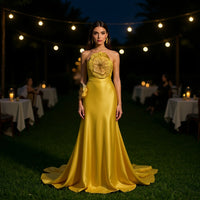Design-focused Rhinestone-embellished Floral-decorated Halter Dress