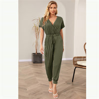 Cross V-Neck Short Sleeve Tie Pocket Casual Jumpsuit