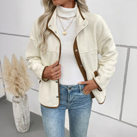 European And American Contrast Color Polar Fleece Cardigan Women's Fleece Short Stand-up Collar Casual Jacket