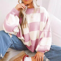 Contrast Color Checkerboard Loose And Lazy Style Stitching Sweater