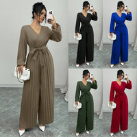 Elegant Casual Cropped Cross-V-Neck Pleated Culotte Jumpsuit