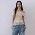 Neck-strap Lace-spliced Hem Off-shoulder Slim-fit T-shirt Top