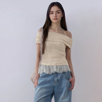 Neck-strap Lace-spliced Hem Off-shoulder Slim-fit T-shirt Top