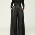 High Waist PU Leather Pants Metal Belt Wide Leg Trousers