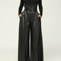 High Waist PU Leather Pants Metal Belt Wide Leg Trousers