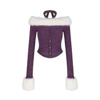 Women's Purple Fur Halter Off-shoulder Sweater