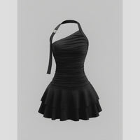 One-Shoulder Halterneck Slimming Waist-Cinching Pleated Skirt Pure And Alluring Versatile Off-Shoulder Dress