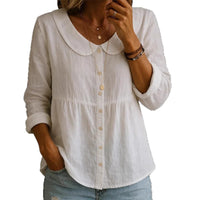 Summer New Peter Pan Collar Linen-Cotton Solid Color Shirt Womens Loose Slimming Three-Quarter Sleeve Casual All-Match Top