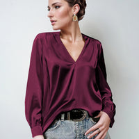 Satin Pleated Long-sleeved Top V-neck Casual Loose Shirt