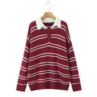 American Retro Preppy-Style Color-Block Striped Lapel Knit Sweater