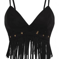 Womens Fringed Sleeveless Spaghetti-Strap Faux Suede Vintage Top
