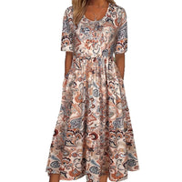 V-neck Short-sleeve Belted Maxi Dress With Pockets