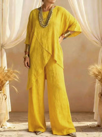 Womens Cotton-linen Crew-neck Loose Casual Two-piece Set