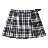 Retro Plaid Pleated Skirt Belt Buckle Learning Skirt