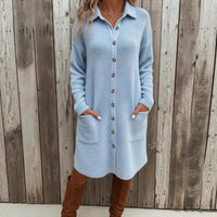 Knitted Button Down Solid Color Long Sleeve Pocket Cardigan Sweater Dress