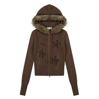 Womens Leopard-Print Star Embroidery Slimming Knitted Coat