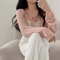 Shawl Tie-front Top Korean Style Solid Color Sweater