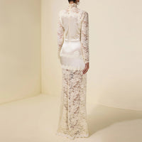 High-neck Lace-panelled Long-sleeve Waist-cinching Sheath Dress