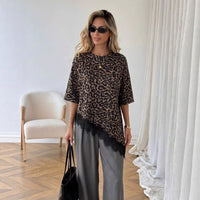 Women's Printed Leopard-Print Patchwork Lace Loose Short-Sleeve Top