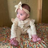 Solid Color Round Neck Long Sleeve Button Hair Band One-piece Romper
