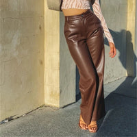 PU Trousers High Waist Loose Wide-leg Leather Pants Casual Trousers