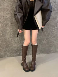 Vintage Women's Leather Belt Buckle Side-zip Fashion Boots