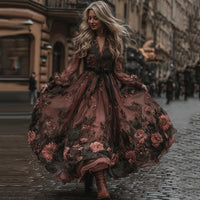 Womens V-Neck Creatively Printed Mid-Length Fairy-Like Dress