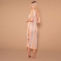 Knitted Hollow-Out Fishnet Color-Striped Quick-Drying Bikini Sun-Protective Dress For Women