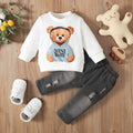 Bear Floral Print Long Sleeve Pullover And Denim Trousers Suit