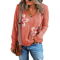 Pullover V-neck Long Sleeve Women Loose Casual Style Floral Patchwork Sweater