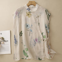Real-shot In-stock Artistic Cotton-linen Printed Sheer Blouse Vintage Lightweight And Cool-chic Top
