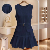 Elegant Round Neck Minimalist Belted Sleeveless Dress