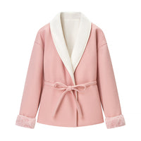 Casual Waist Belt Spliced Woolen Coat