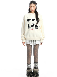 Korean Cat Jacquard Soft Round Neck Sweater