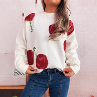 Women's Casual Loose Cherry Jacquard Color-block Knit Sweater