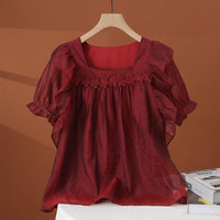 Women's Boat-neckline Lace-trimmed Short Top