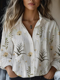 Floral-print Long-sleeve Shirt Delicate Linen Casual Blouse