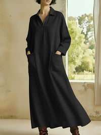 Loose-fitting Casual Polo-neck Pocketed Long-sleeve Dress