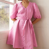 Womens V-Neck Puff-Sleeve Single-Breasted Lace-Up High-Waist Dress