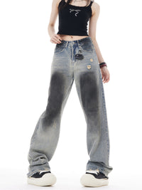 Retro High Waist Wide Leg Ripped Jeans