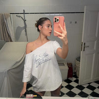 Womens Street-Style Letter-Print Off-Shoulder Short-Sleeve Loose Blouse