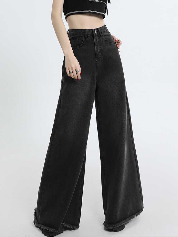 Black And Gray Rough-edge Wide-leg Shorts Mop Jeans