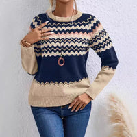 European And American Women's Clothing Sweater Fashion Round Neck Knitted Top Classic Striped Color Matching