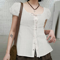 Womens French-style Puff-sleeve Figure-hugging Waist-cinching Blouse With A Tie