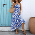 Blue-and-White Porcelain Print Halterneck Dress European And American Style Cross-Border Resort Beach Long Dress