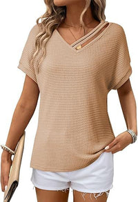 Waffle-knit Short-sleeve V-neck Women's Fashion Casual