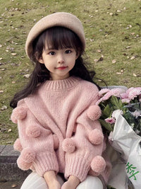Girls' Pullover Spring And Autumn New Children's Western Style Baby Girl Pink Lantern Sleeve Fur Ball Sweater