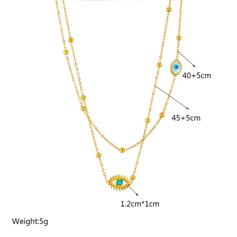 Minority Fashion Design Double-layer Mix Chain Golden Balls Titanium Steel Drop Oil Hollow Blue Eyes Pendant Necklace