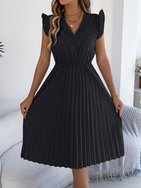 Casual Lace V-neck Ruffled-waist Pleated Dress