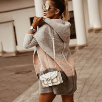 Color Matching Hooded Knit Cardigan Coat Women's Long Sleeve